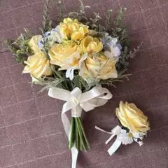 ブーケ　前撮り　結婚式　黄色　水色　ブートニア