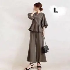 セットアップ　レディース　ワイドパンツ　5分袖　ペプラム　脚長効果　バルーン袖