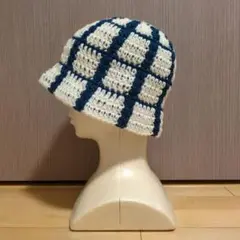 クロシェハット バケハ ビーニー クラッシャーハット ニット帽 青 白 チェック