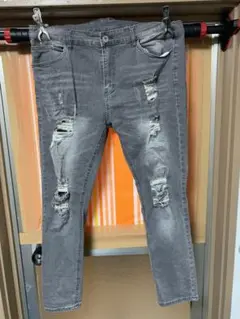 【メーカー不詳】ダメージ加工 グレー スリムフィットデニム