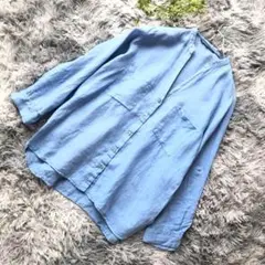 ZARA【L相当】水色 Vネック リネン 長袖シャツ ゆったり 羽織り可