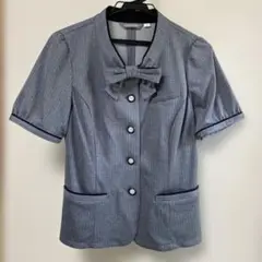 オーバーブラウス 事務服 グレー ストライプ リボン付 11号