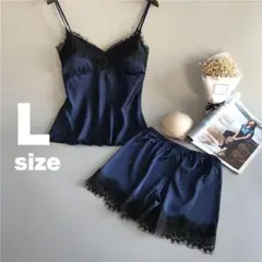 ベビードール　L ネイビー　上下セット　セクシー　ランジェリー　サテン　下着