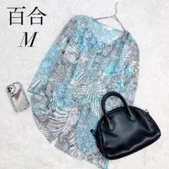 ユリ/カーディガン/長袖/カットソー/総柄/Mサイズ/水色/美品✨️