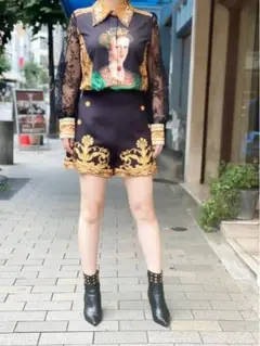 新品未使用 ショートパンツ オリエンタル柄黒パンツ インポートパンツ