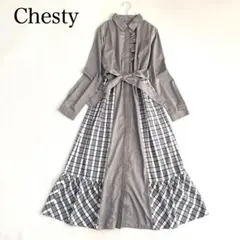 【チェスティ】チェック柄フリルシャツワンピース（M）グレー　ベルト付き　フレア