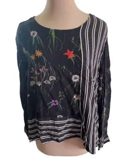 H&M 花柄 ストライプ ノーカラー 長袖シャツ ★レア物 個性的