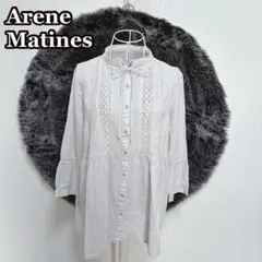 ●AreneMatinesピンタックレースコットンシャツ（M）ボウタイ