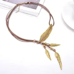 i40 新品 送料込み アンティーク フェザーネックレス 男女兼用 ゴールド×茶