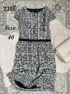 美品 23区 総柄 ひざ丈 フレアワンピース フレンチスリーブ ウォッシャブル