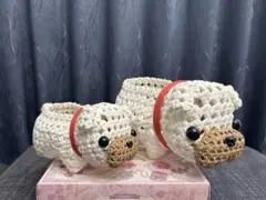 白　パグ犬　エコクラフト クラフトバンド　小物入れ