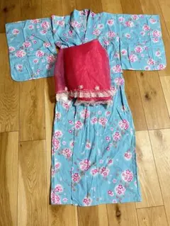 【値下げ】桜の花柄 水色 浴衣 100cm 赤い帯付き