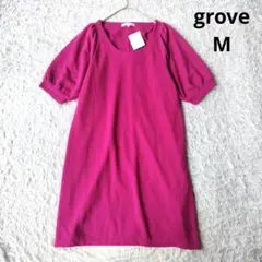 新品【グローブ】grove リボン付きワンピース 5分袖　赤紫　大人可愛い　M