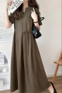 クラシカルエルフ　フロントタックキーネックワンピース　ブラウン　L