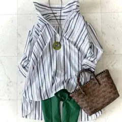美品 アマカ 三陽商会 リネン混 ストライプ スキッパーシャツ 洗える