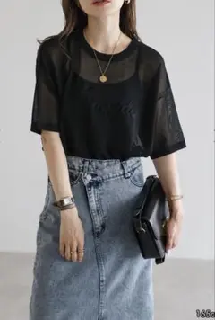 ボンジュールサガン　コード刺繍半袖シアーニット　ブラック