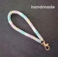 ハンドストラップ　スマホストラップ　携帯　ハンドメイド　パステルG　ロープ編み＊