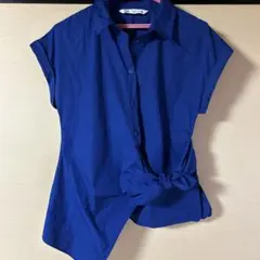 【夏物セール】ZARA ネイビー ブルー半袖シャツ M ウエストリボン付き