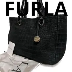 A4対応 FURLA クロコ型押し スエード トートバッグ ブラック 397