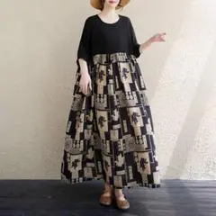 ワンピース 切り替え 夏 大きいサイズ ロング　ポケット付き 楽ちん 普段着