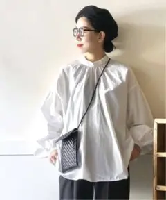 js luxe★超美品タイプワッシャー スタンドカラーパフブラウス 白