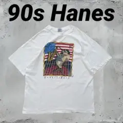 90s Hanes サックス アートTシャツ　半袖　ヴィンテージ　XLサイズ