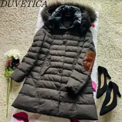 【美品】DUVETICAロングダウンコート レザー肘当て グレー ラクーンファー