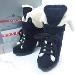 美品PRADASPORTプラダスポーツ ショートブーツシューズ ムートン黒23