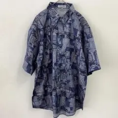 【XL】THAI SILK 総柄 シルク シャツ 半袖 青 ブルー系 アジアン