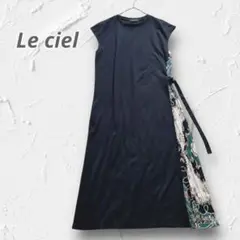 Y4646【ルシエル】カットソーワンピース サイドプリーツ スカーフ柄 ブラック