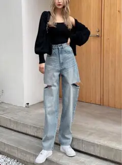 グレイル GRL スリットデニムワイドパンツ ブルー S