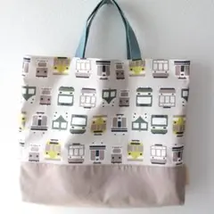くすみカラーの電車柄【電車のお顔のレッスンバッグ】