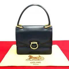 極 美品 保存袋 付き セリーヌ カーフレザー ロゴ金具 ミニ トートバッグ 紺