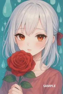 美少女イラスト 少女 赤いバラ ロマンチック アート ファンタジー No.36