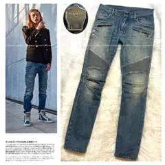 本物 雑誌掲載 バルマンオム 蛇腹 バイカー デニムパンツ ジーンズ 28 青