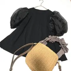 ブラックオーガンジーパフスリーブトップス　ぽわん袖