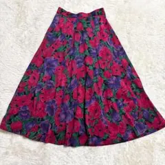 【一点物】昭和レトロ 赤紫 花柄 フレアロングスカート 日本製 フラワー