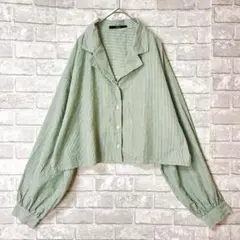オーバーサイズ シャツ 美品 L ショート丈 ストライプ ゆるダボ グリーン