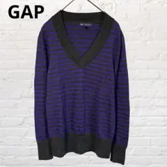 9882 GAP ギャップ 洋毛100％ Vネックニット ボーダー 紫 M 古着