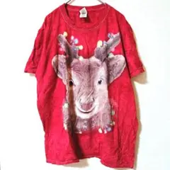 GILDAN プリント Tシャツ M 赤タイダイ 鹿 トナカイ