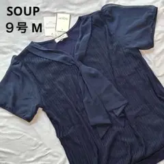 新品 タグ付き SOUP ネイビー ９号 M プリーツ リボンタイ ブラウス M