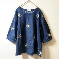 新品未使用品】Jashian 刺繍入りデニムブルー五分袖シャツ　ゆったり
