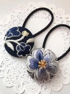 インド刺繍 くるみボタン38㎜ ヘアゴム 2個セット J