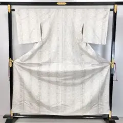 単衣 紬着物 縦縞に抽象模様 乳白色 KK-2266