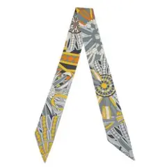 【美品】エルメス スカーフ ツイリー 『馬への表彰』 シルク グレー系 Q23
