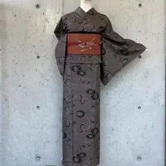正絹 大島紬 一元 唐草模様 こげ茶系 袷