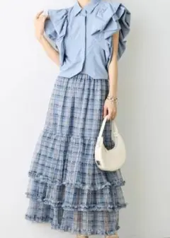 ⭐️新品⭐️シアーチェックフリルティアードヘムスカート ブルーFrene