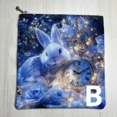 パネルポーチ　白うさぎ　ブルー薔薇B