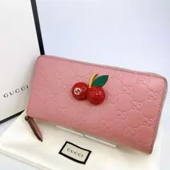 【箱付き】グッチ GGシマライン チェリー ラウンド長財布 ピンク 476049