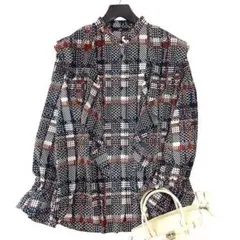 極美品 wb ビギ 大きいサイズ チェックプリントデシンフリルブラウス 3